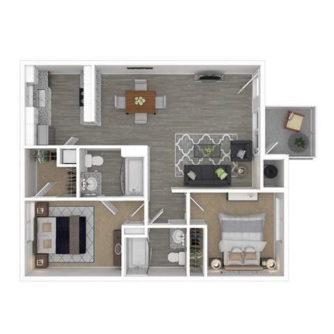 Floor plan for 2 beds, 2 baths, 890 sqft